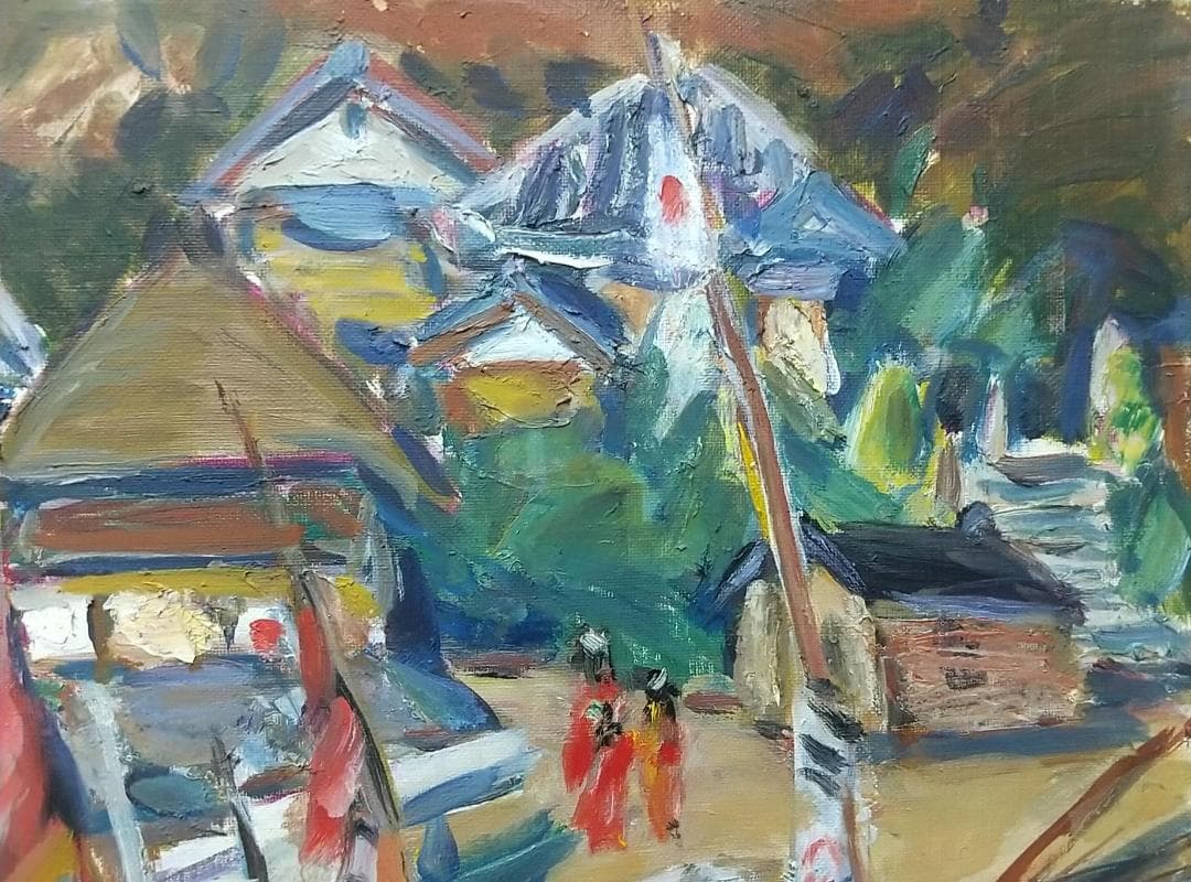 「正月の漁村」A 房州川津浜 F6 '68 油絵 絵画 油彩画 日の丸 国旗