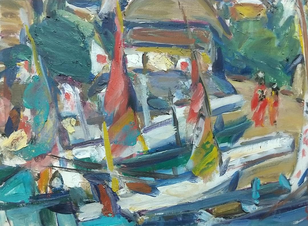 「正月の漁村」A 房州川津浜 F6 '68 油絵 絵画 油彩画 日の丸 国旗