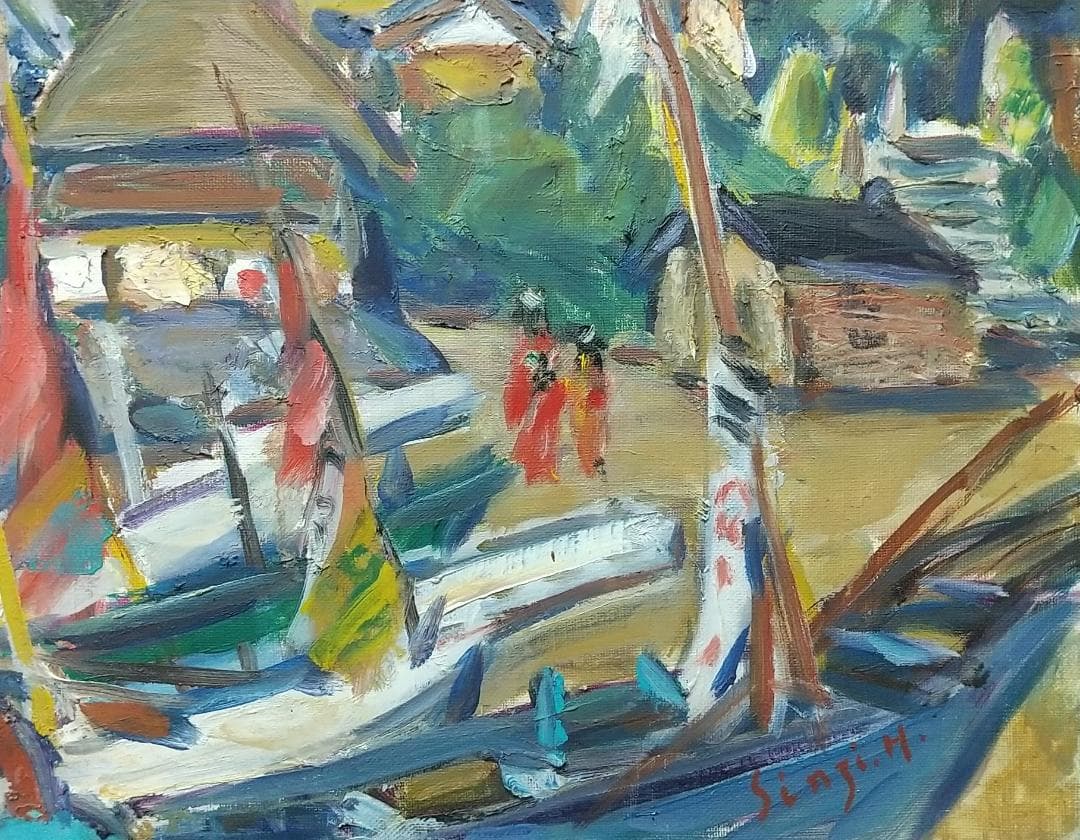 「正月の漁村」A 房州川津浜 F6 '68 油絵 絵画 油彩画 日の丸 国旗