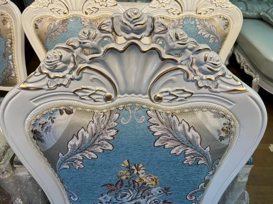 天然木超豪華 ロココ調 アンティーク風 ダイニングテーブルセット7点 机 猫脚