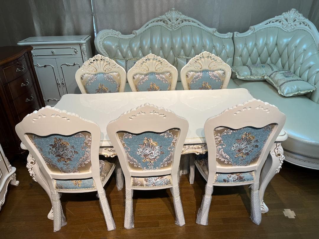 天然木超豪華 ロココ調 アンティーク風 ダイニングテーブルセット7点 机 猫脚