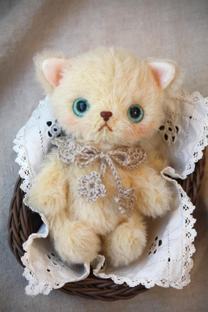 アートドール　ハンドメイド　テディベア　子猫　ぬいぐるみ