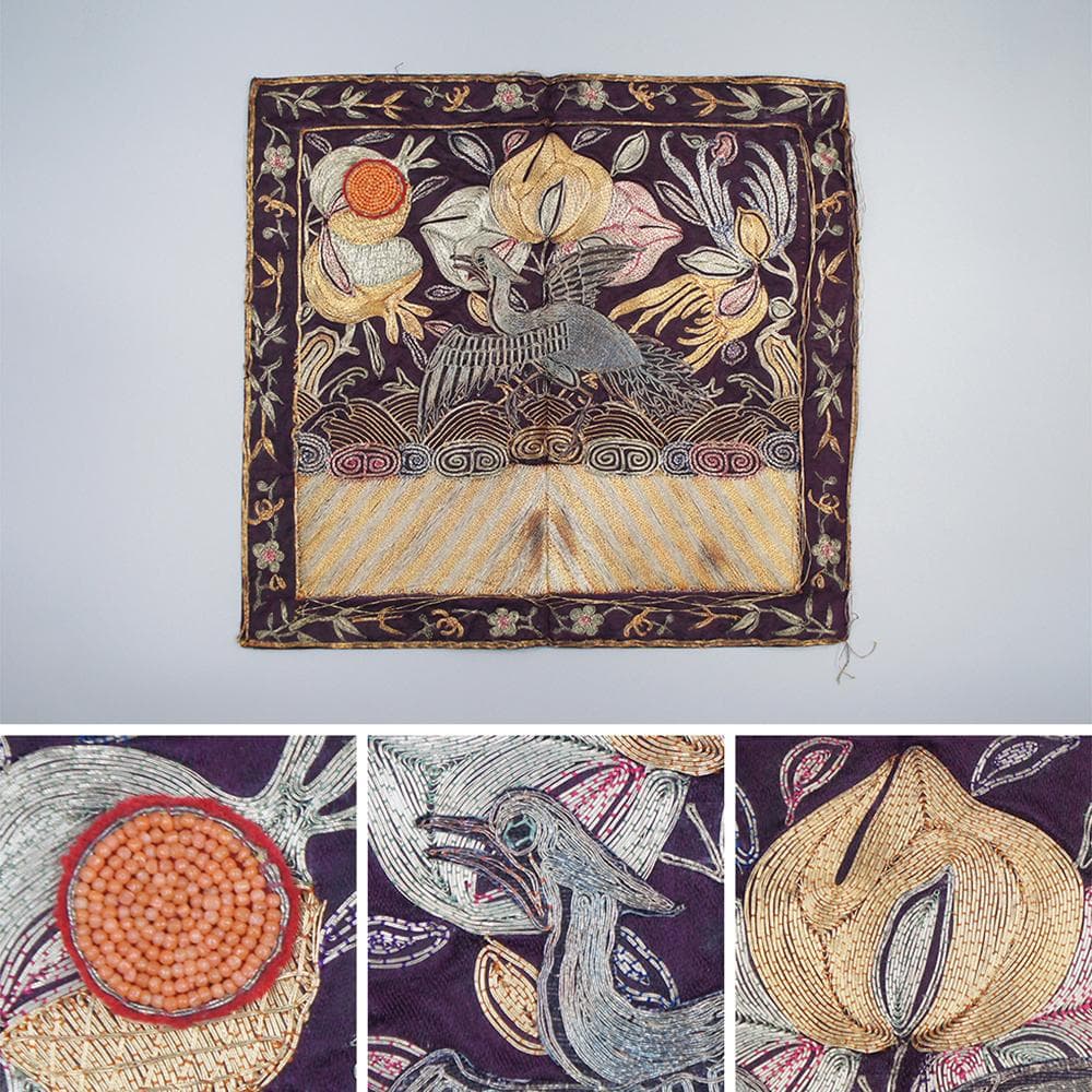 【繍】　★ 官品 白鷴紋五品文官補子 ★　清朝期　石榴 桃果 刺繍文様　明清織繍