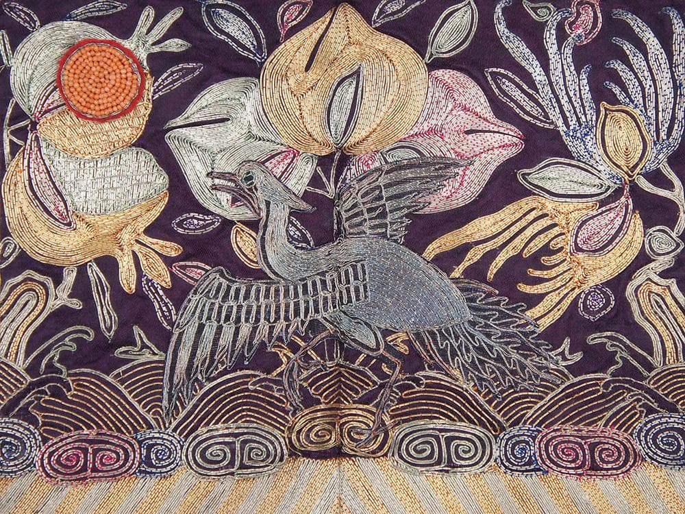 【繍】　★ 官品 白鷴紋五品文官補子 ★　清朝期　石榴 桃果 刺繍文様　明清織繍