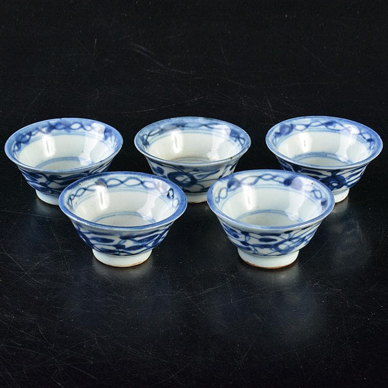 中国　青花　花文　煎茶碗　五客　時代箱付　M　R7281