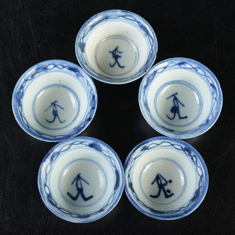 中国　青花　花文　煎茶碗　五客　時代箱付　M　R7281