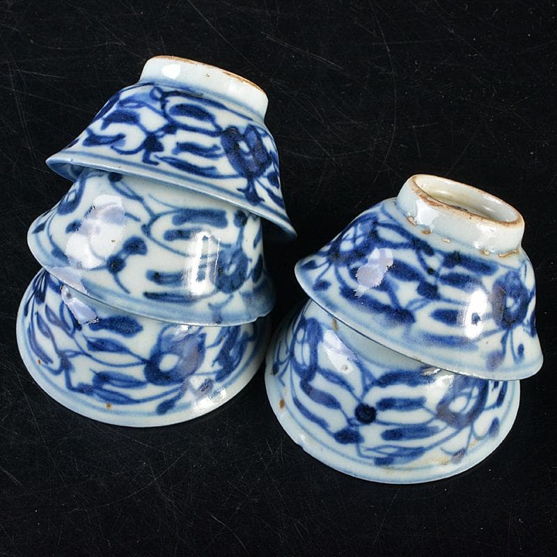 中国　青花　花文　煎茶碗　五客　時代箱付　M　R7281