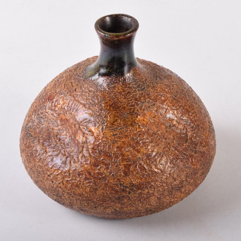 上野焼　十時窯　白川卓甫作　飴釉　細口瓶　花瓶　C　7218