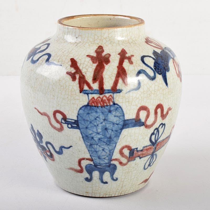 中国　青花釉裏紅　宝尽文　小壷　M　R5032