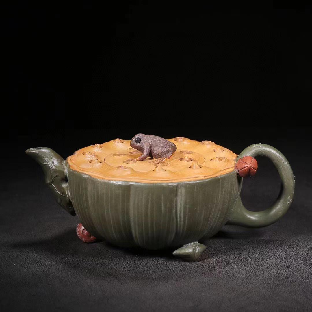 中国古美術・原鉱段泥 カエル蓮子壺 、底槽款:蒋蓉紋、紫砂壺・急須・茶道具