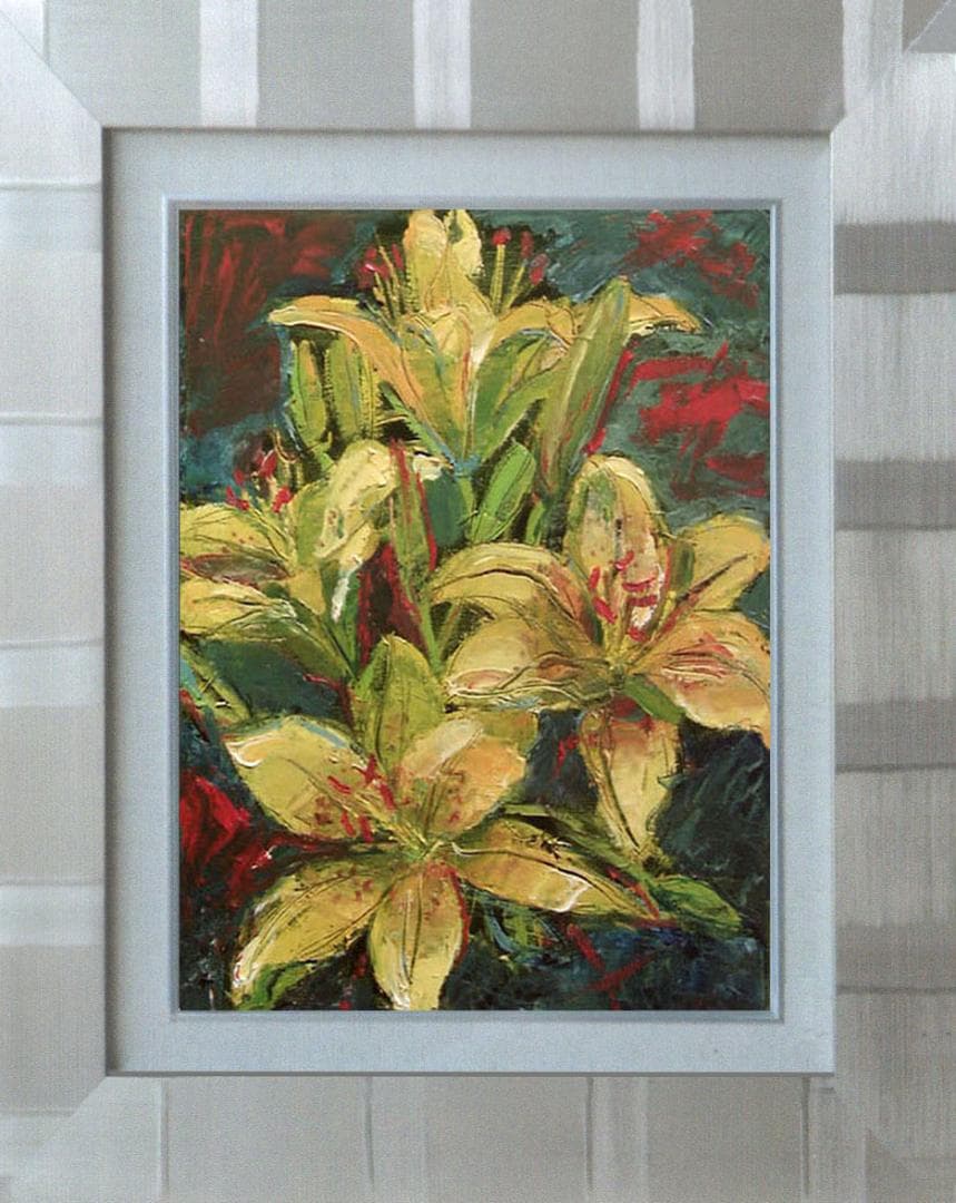 油絵 菅家令子 絵画インテリア 額付(青緑＋金色の枠)uF6-112102花ゆり