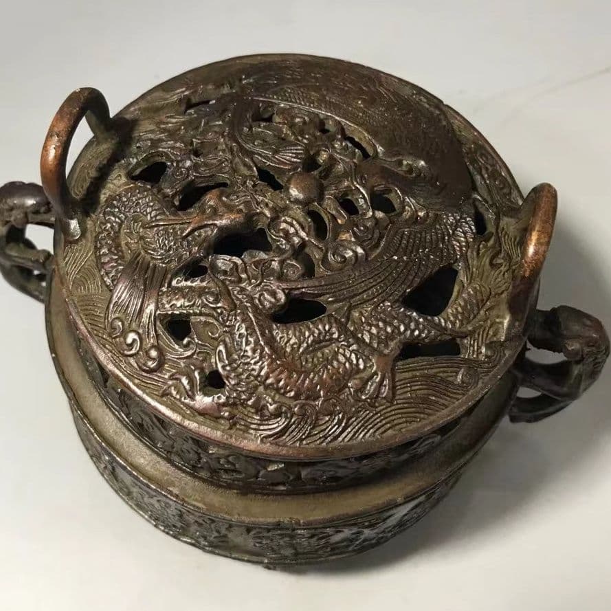 銅器 龍鳳盤香炉 薫香炉 香具 香道具 装飾品 工芸品 美術品 置物