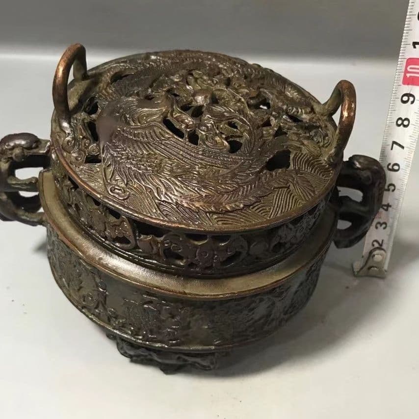 銅器 龍鳳盤香炉 薫香炉 香具 香道具 装飾品 工芸品 美術品 置物