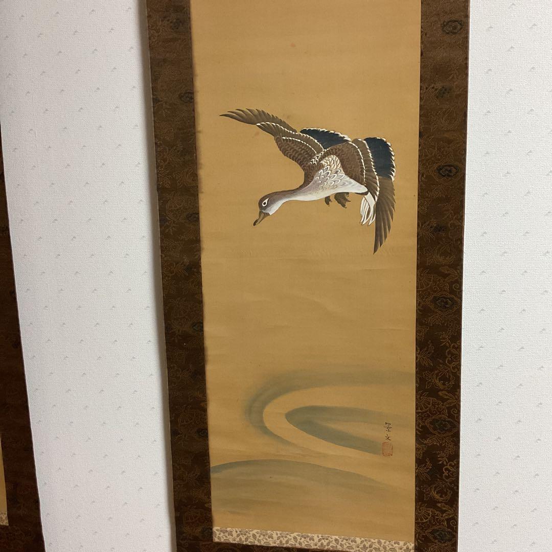 ￼￼￼￼松村景文筆 雁双幅図 絹本彩色画 右（飛雁）左（川柳雁）