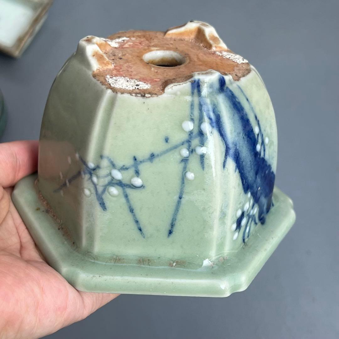 813.尾張焼 青瓷染付六角鉢 盆栽鉢 植木鉢 13.2*11.6*8.1cm