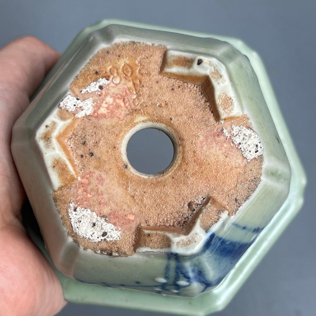 813.尾張焼 青瓷染付六角鉢 盆栽鉢 植木鉢 13.2*11.6*8.1cm