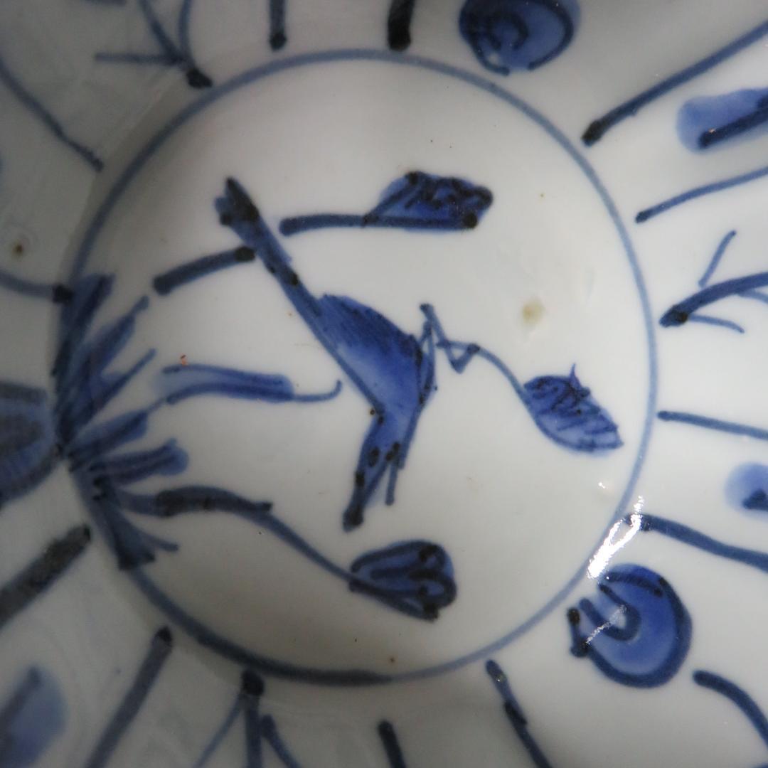 小鉢 古染付 明末清初期 染付 鳥の図 芙蓉手 中国骨董 希少 A