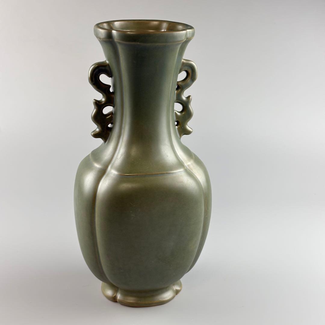 小原六合軒 家元秘蔵花器写し蕎麦釉龍耳花瓶 共箱 飾壺 陶瓷器 美術品