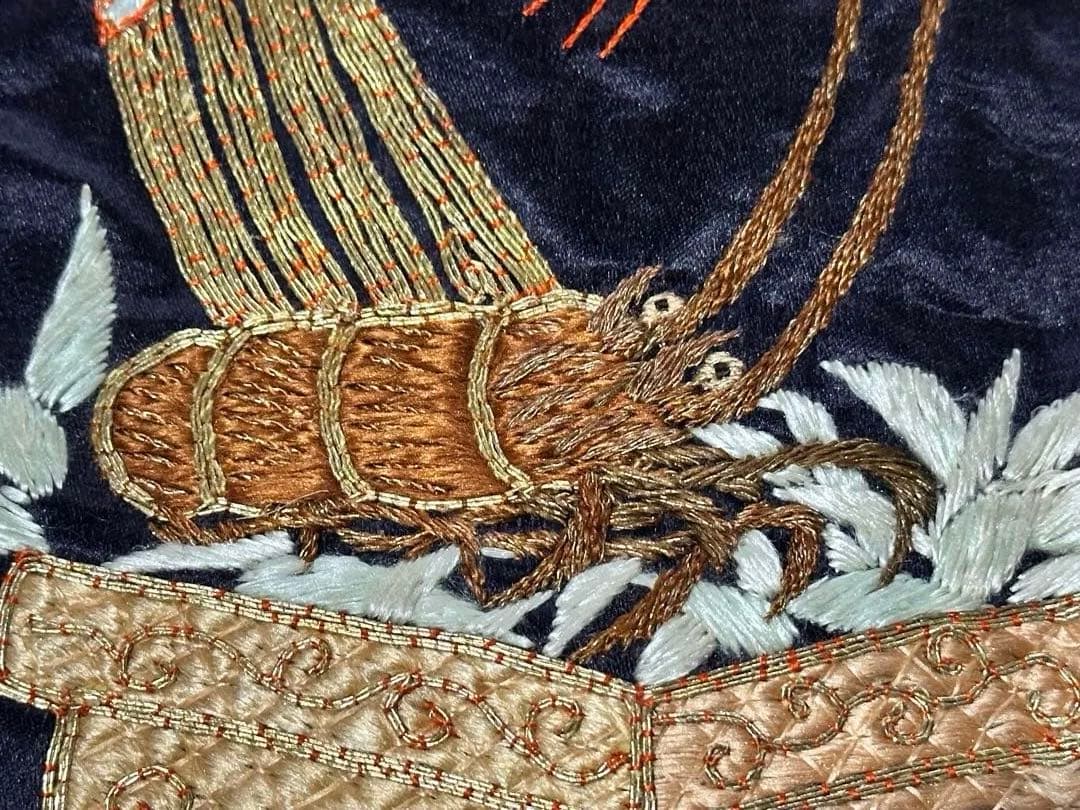 明治期・刺繍袱紗 熨斗目 松に雀 竹に海老 金駒刺繍 繻子 裏赤縮緬