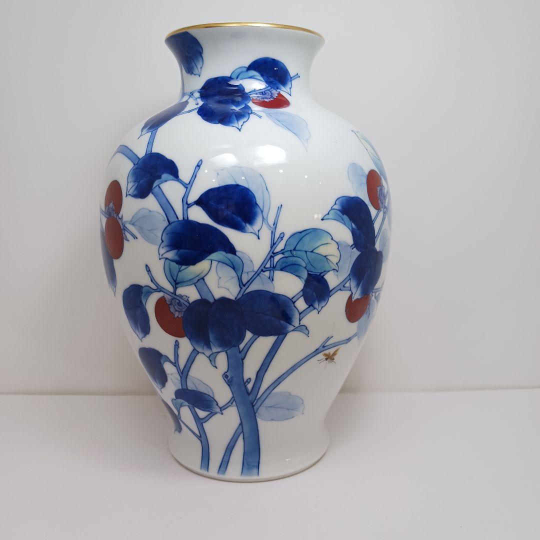 Y3122-8 深川製 染付色絵 柿図 花瓶 高さ28㎝　　ten