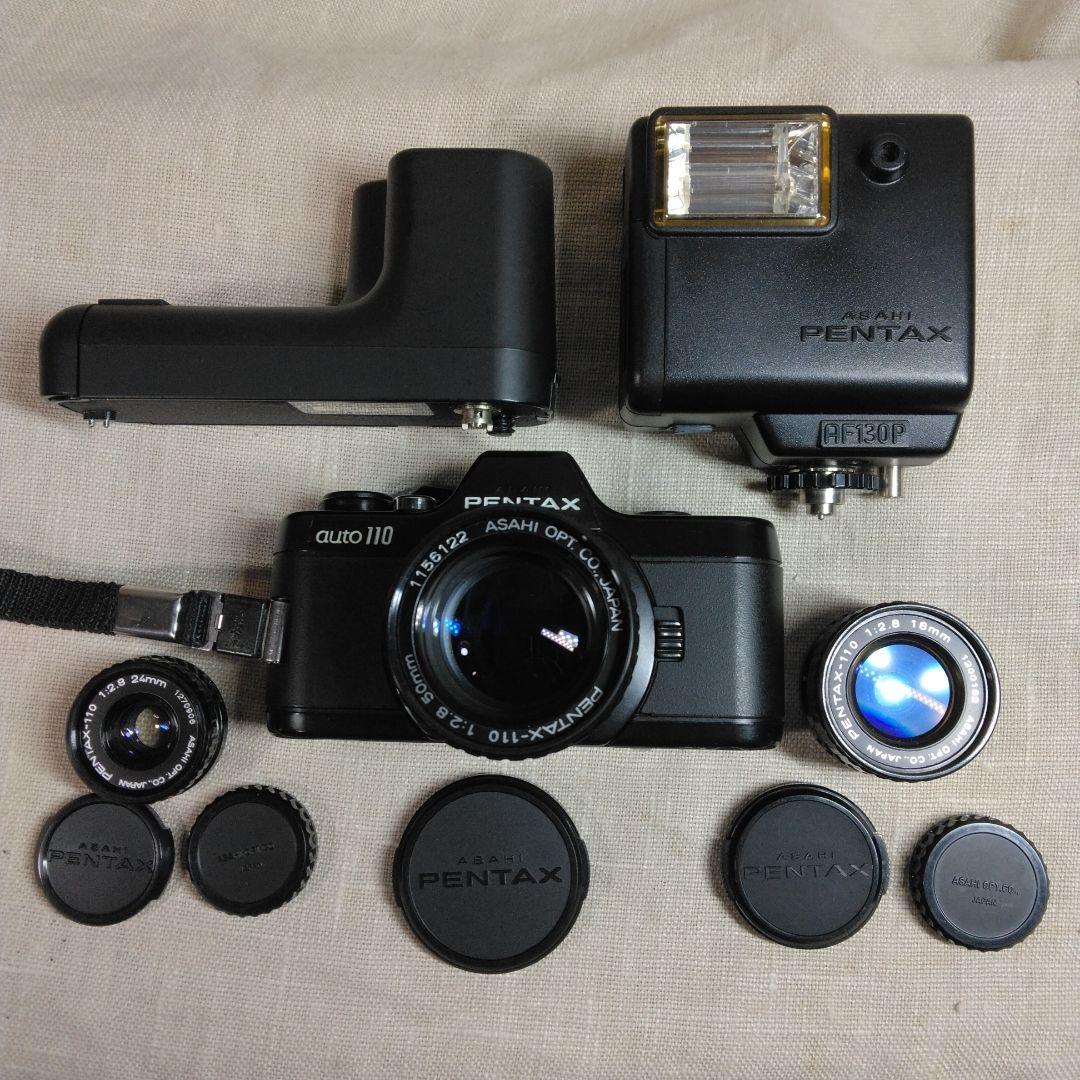 PENTAX auto 110 、レンズ3本、ワインダー、ストロボ付
