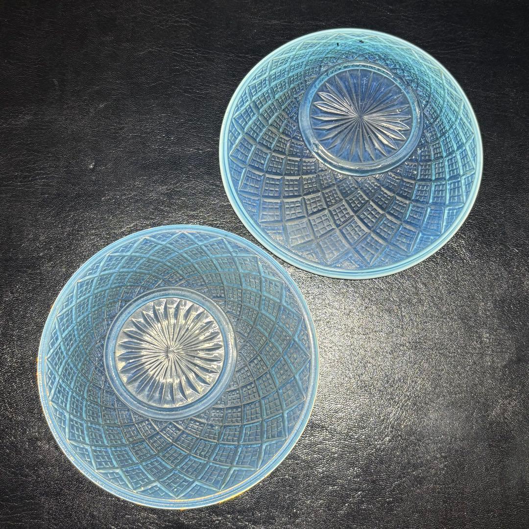 ★明治/大正ガラス！綺麗なブルーに乳白ぼかし小鉢/気泡ガラス/氷コップ/2個！★