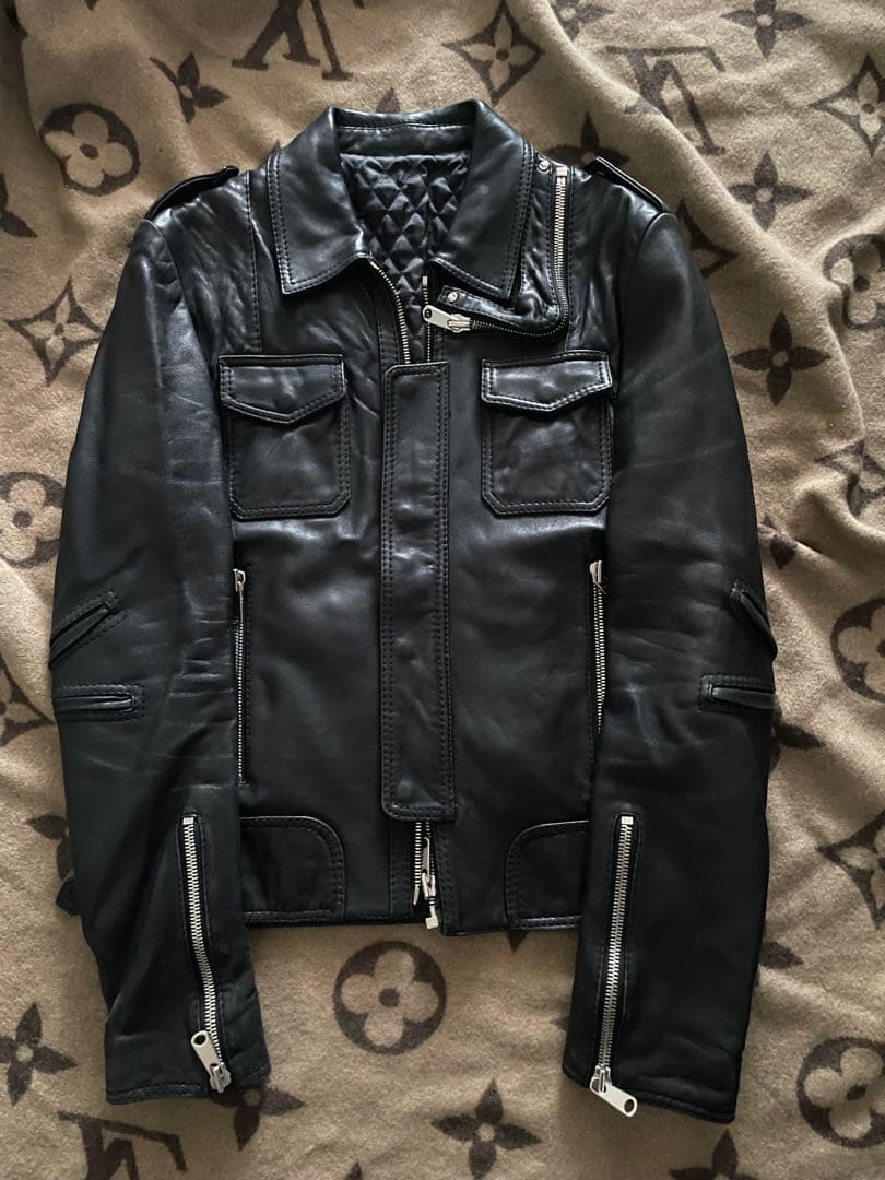 Stud homme L字-ZIP レザー ジャケット ブルゾン ライダース