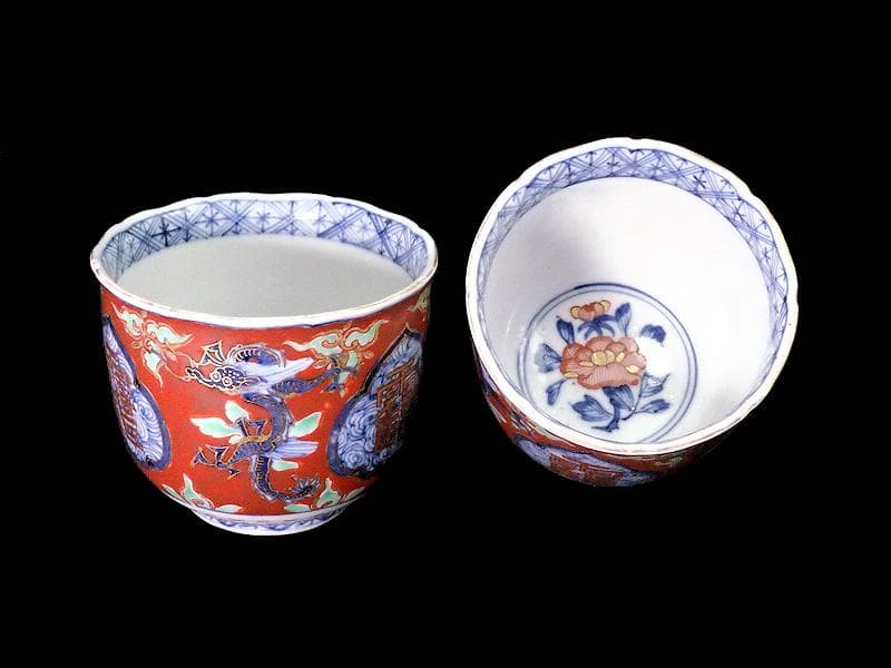 大聖寺伊万里　色絵　鶴に龍の図　向付　猪口　２客　D933AS-CPd