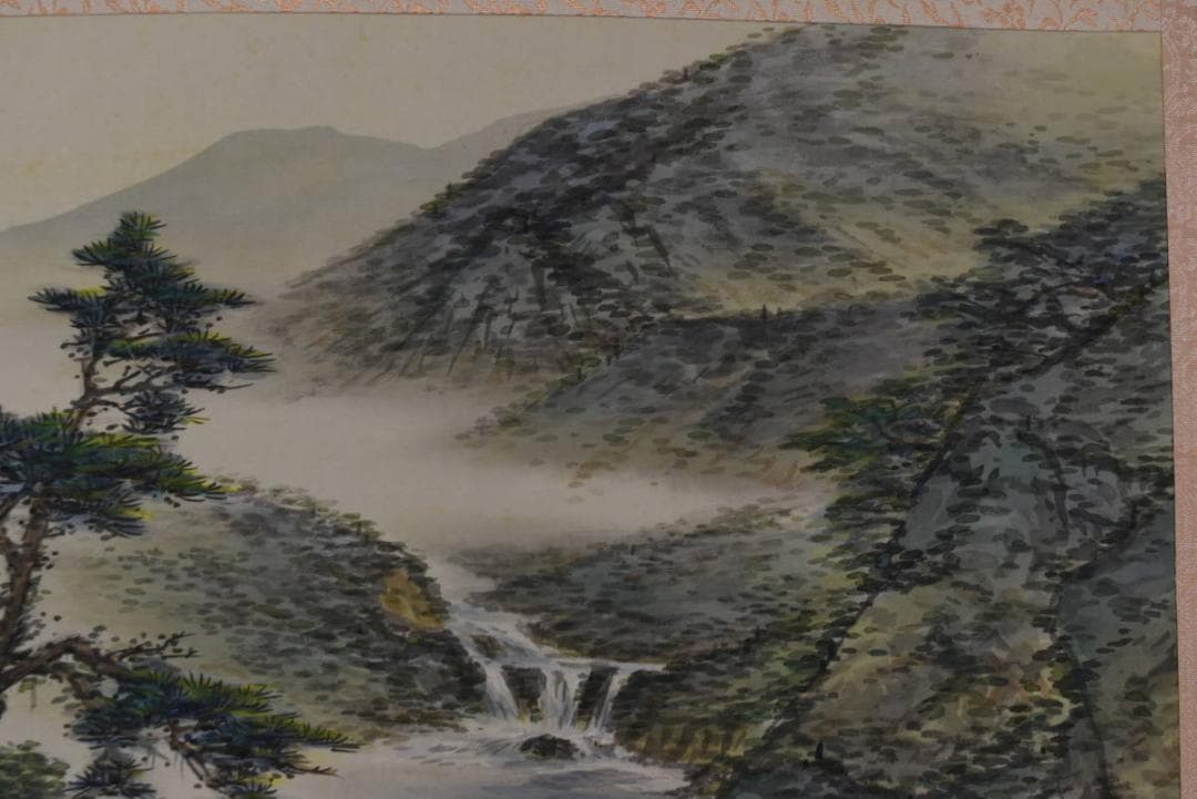 【真作】荻田東嶺/深渓緑陰図/青緑山水図/横物/掛軸☆宝船☆Z-913