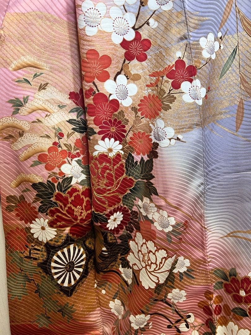 比翼付き 振袖 藤×雲取り 花車 金彩 ピンク×藤色 身丈155 裄64