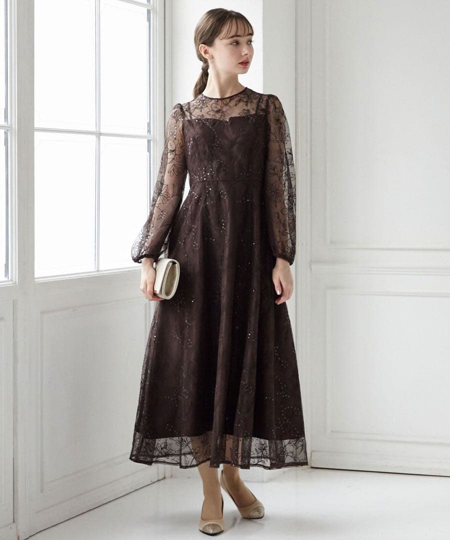 AIMER スパンコール刺繍 ロングスリーブドレス 結婚式　お呼ばれ　ドレス