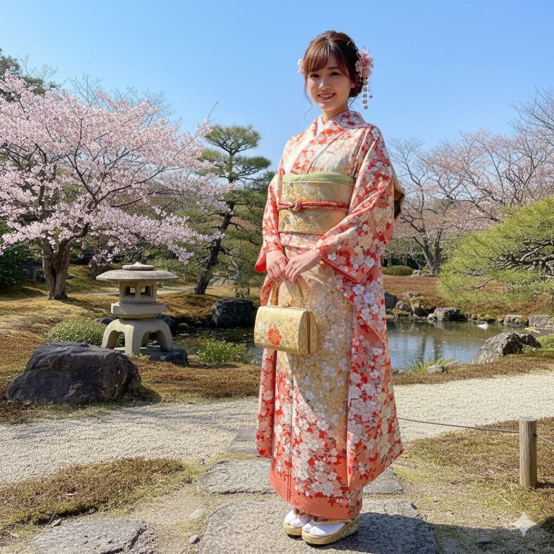 【美品】【振袖】総柄 桜 紗綾形地紋 朱色×アイボリー 卒業式 袴用にも