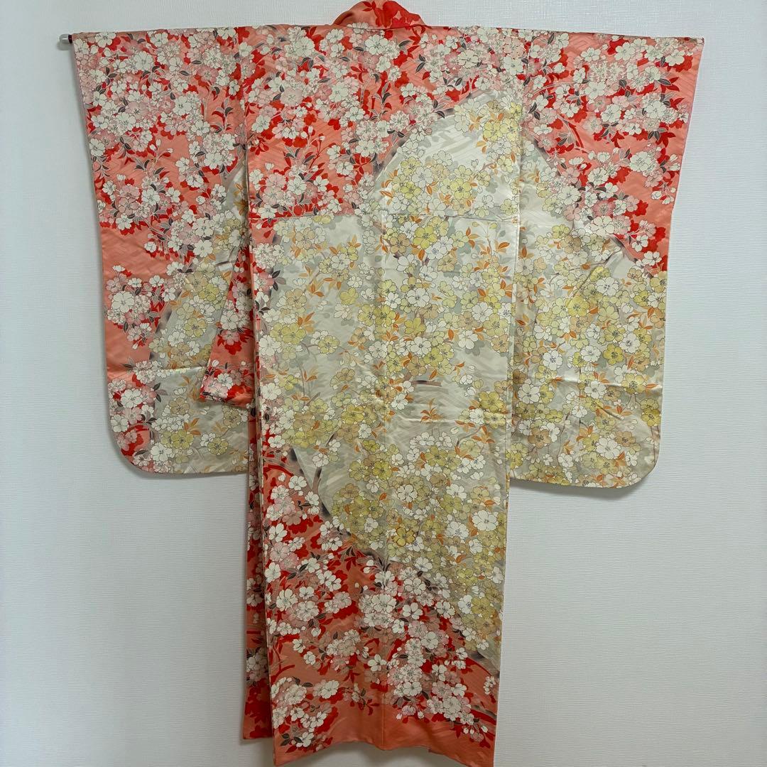 【美品】【振袖】総柄 桜 紗綾形地紋 朱色×アイボリー 卒業式 袴用にも