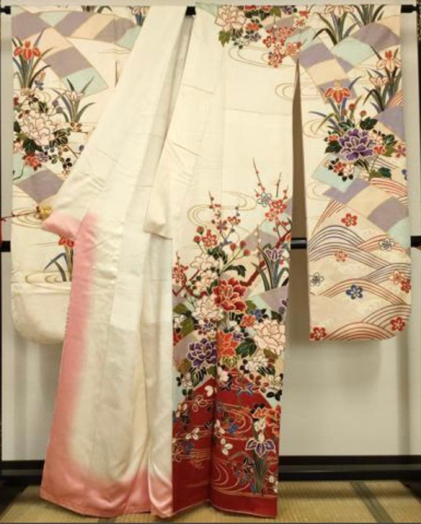 振袖フルセット6点サイズM〜Ｌ駒刺繍　流水鴛鴦花文　金彩　正絹