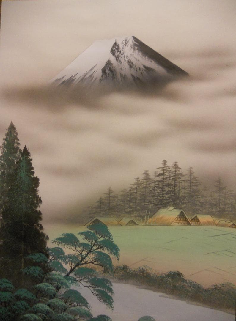 掛け軸 玉翠 彩色富士之図 絹本 希少 軸装 茶道具 掛軸 美品 です。