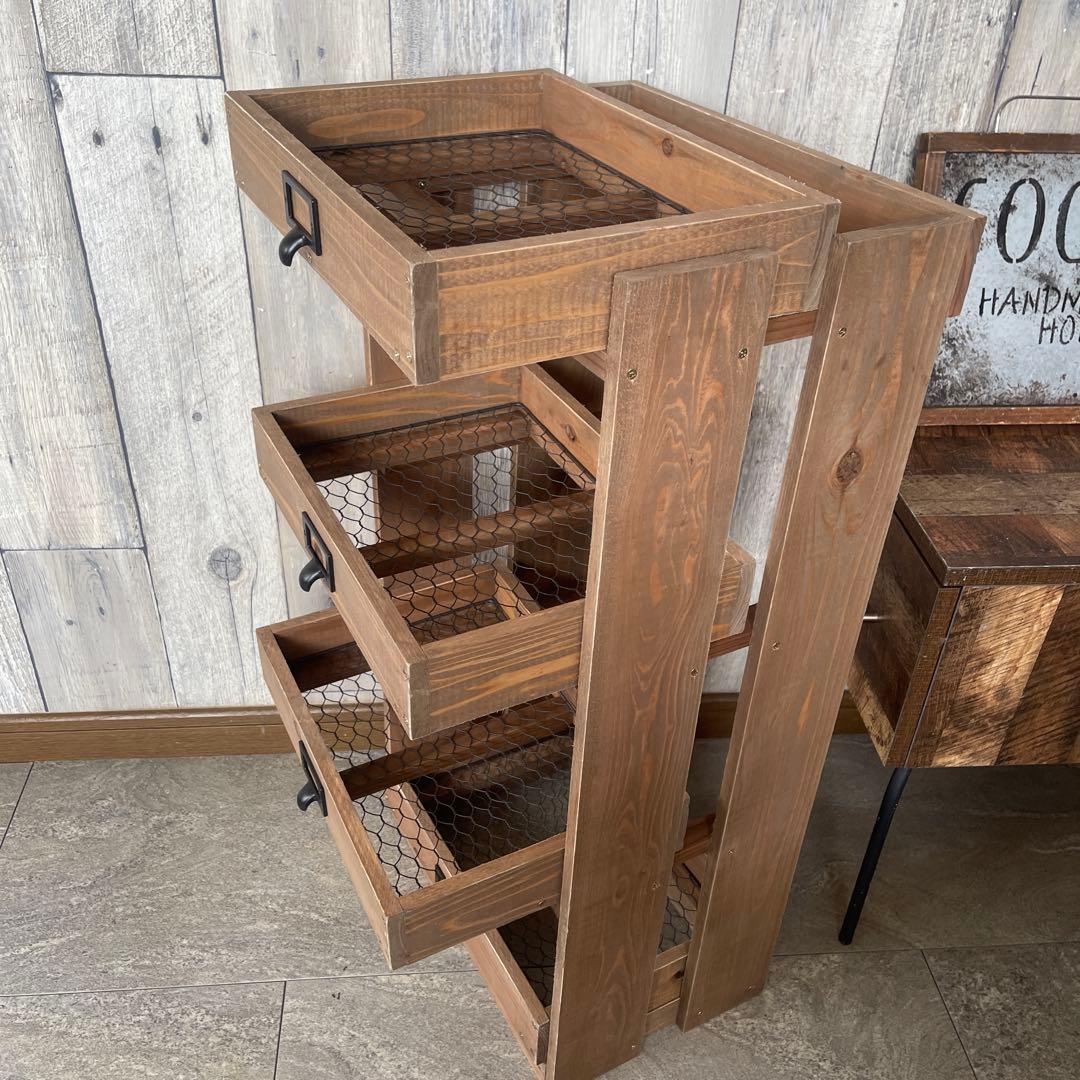 ブラウン　4段　引き出し　ウッドシェルフ　ハンドメイド　家具
