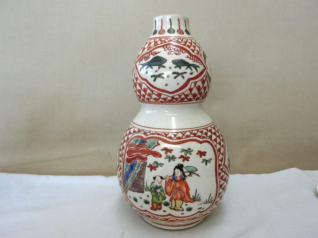 【九谷瓢箪型花器　色絵　角福銘　窓絵花鳥人物図・33】◆花瓶鑑賞　美術工芸　見事