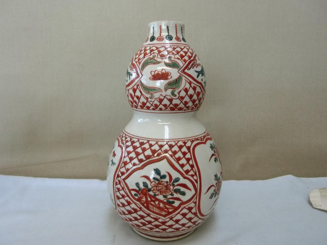 【九谷瓢箪型花器　色絵　角福銘　窓絵花鳥人物図・33】◆花瓶鑑賞　美術工芸　見事