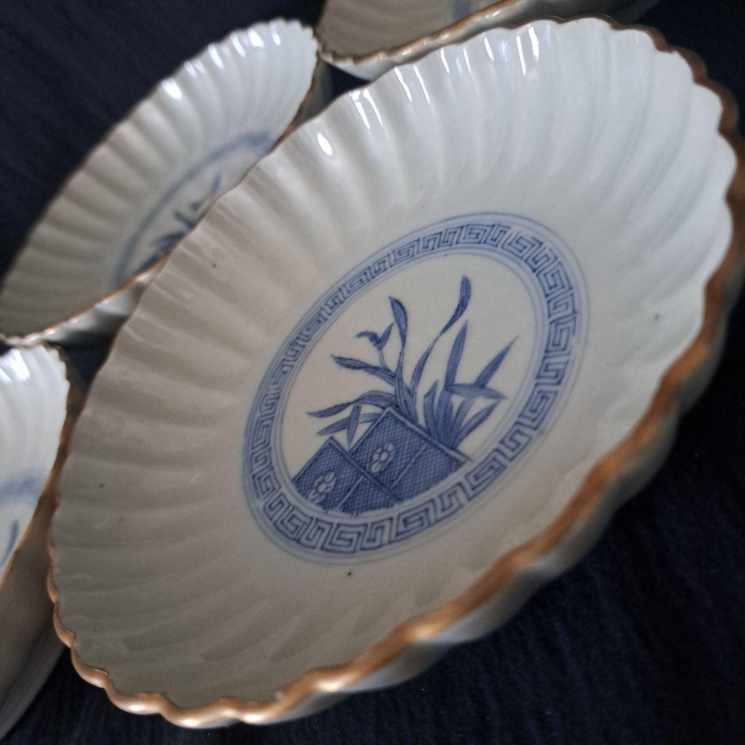 「モダンと素朴さ しのぎ造り！」古伊万里皿(直径13cm) 4客セット 骨董アン