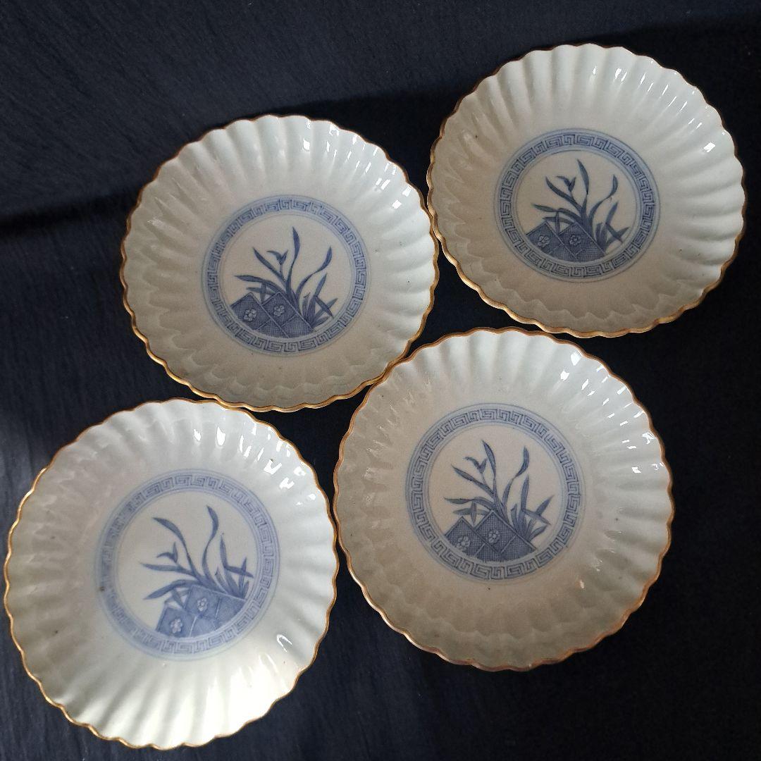 「モダンと素朴さ しのぎ造り！」古伊万里皿(直径13cm) 4客セット 骨董アン