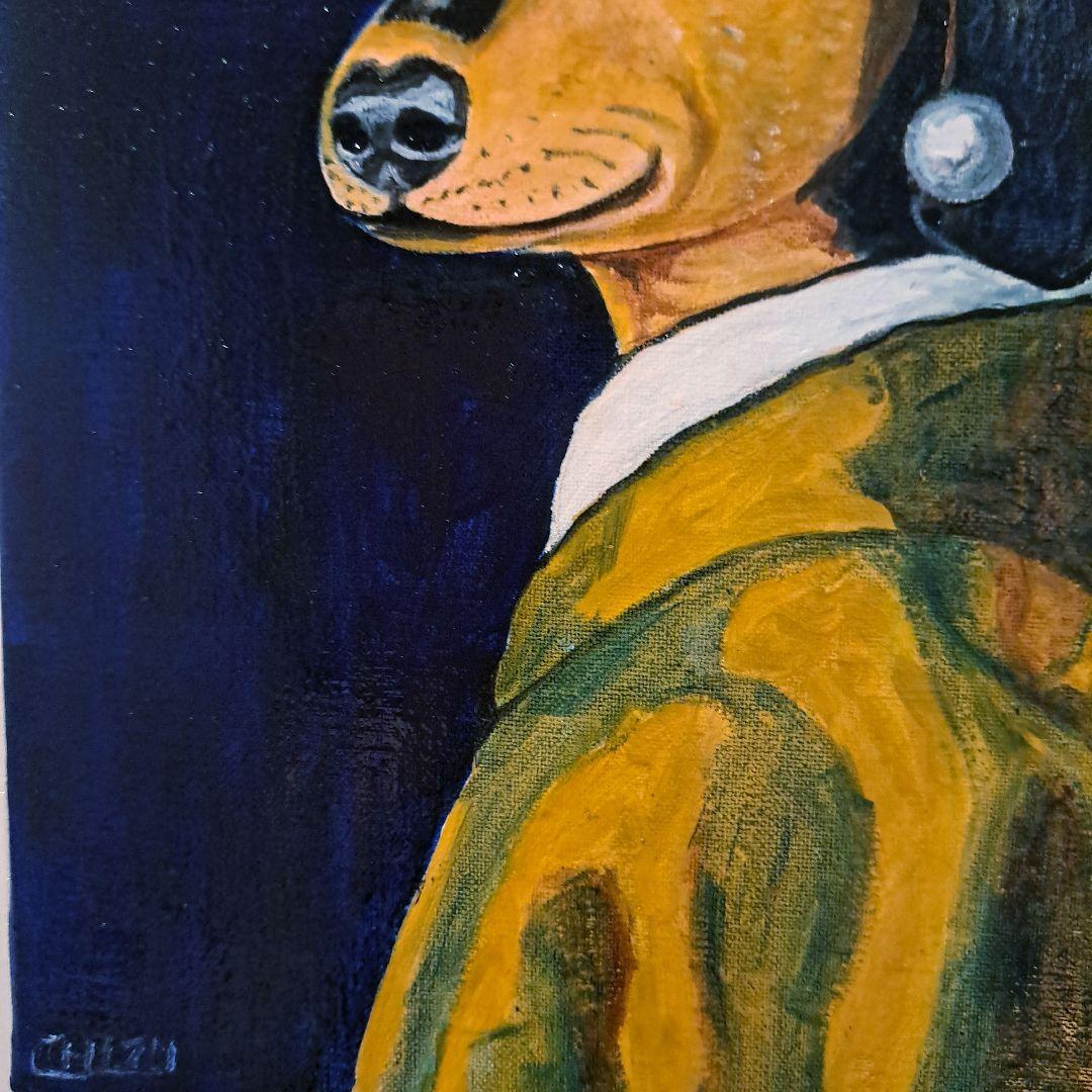キャンバス油絵 　専用　真珠の耳飾りの青いターバンの犬　フェルメール楽しいアート