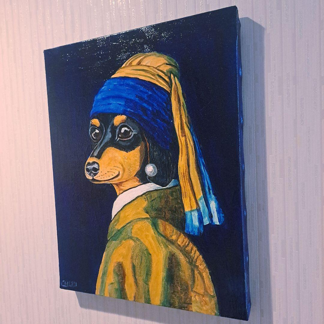 キャンバス油絵 　専用　真珠の耳飾りの青いターバンの犬　フェルメール楽しいアート