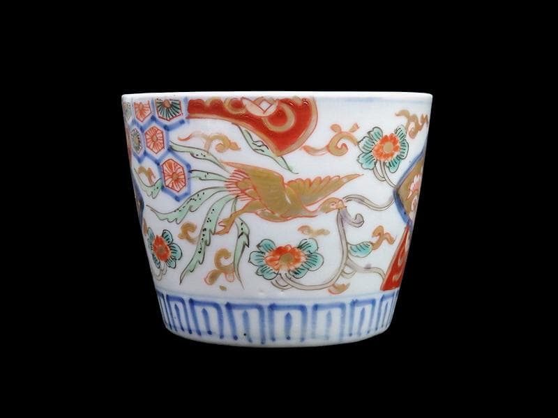 古伊万里　花に七宝紋　菊花四方襷紋に鳳凰の図　蕎麦猪口　E209AS-CXg