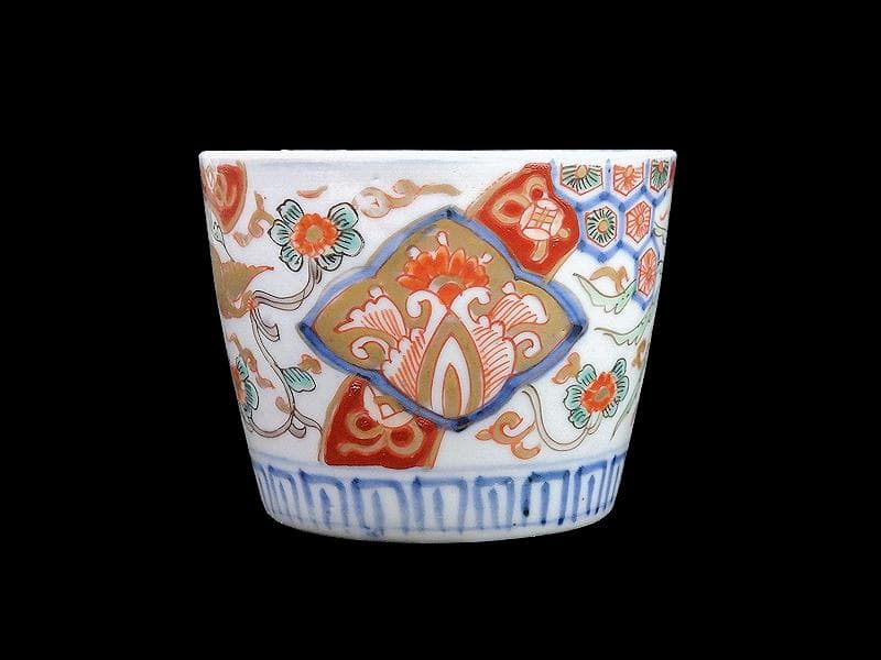 古伊万里　花に七宝紋　菊花四方襷紋に鳳凰の図　蕎麦猪口　E209AS-CXg