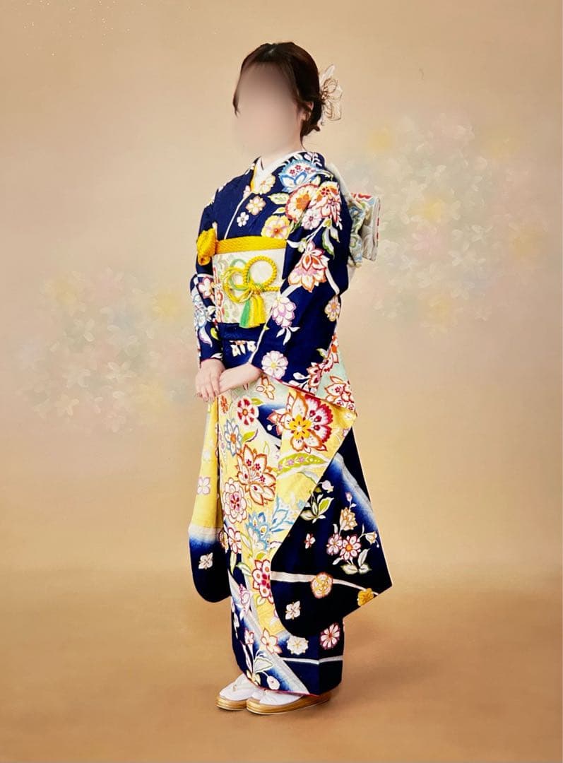 華やかな花柄振袖（紺色・黄色）　振袖　成人式　フルセット