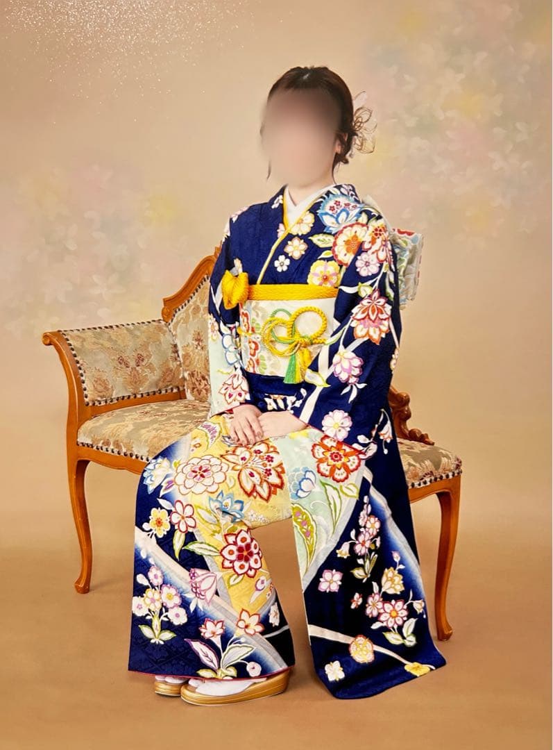 華やかな花柄振袖（紺色・黄色）　振袖　成人式　フルセット