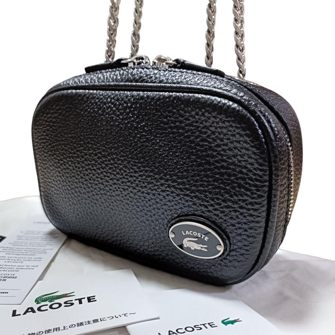 美品 ラコステ オリジンクロコ トップグレインレザースクエアショルダーバッグ