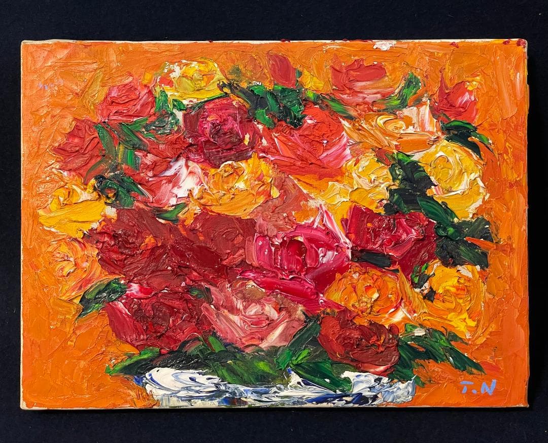 「真作」縄稚輝雄「薔薇」静物画　油彩画　額装　サイン有り　F4号