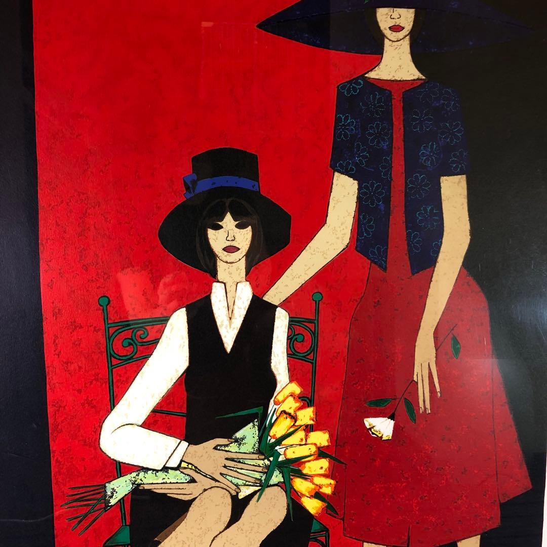 ロジェ・ボナフェ 「二人の少女」 リトグラフ　額縁付絵画　作家直筆サイン入り