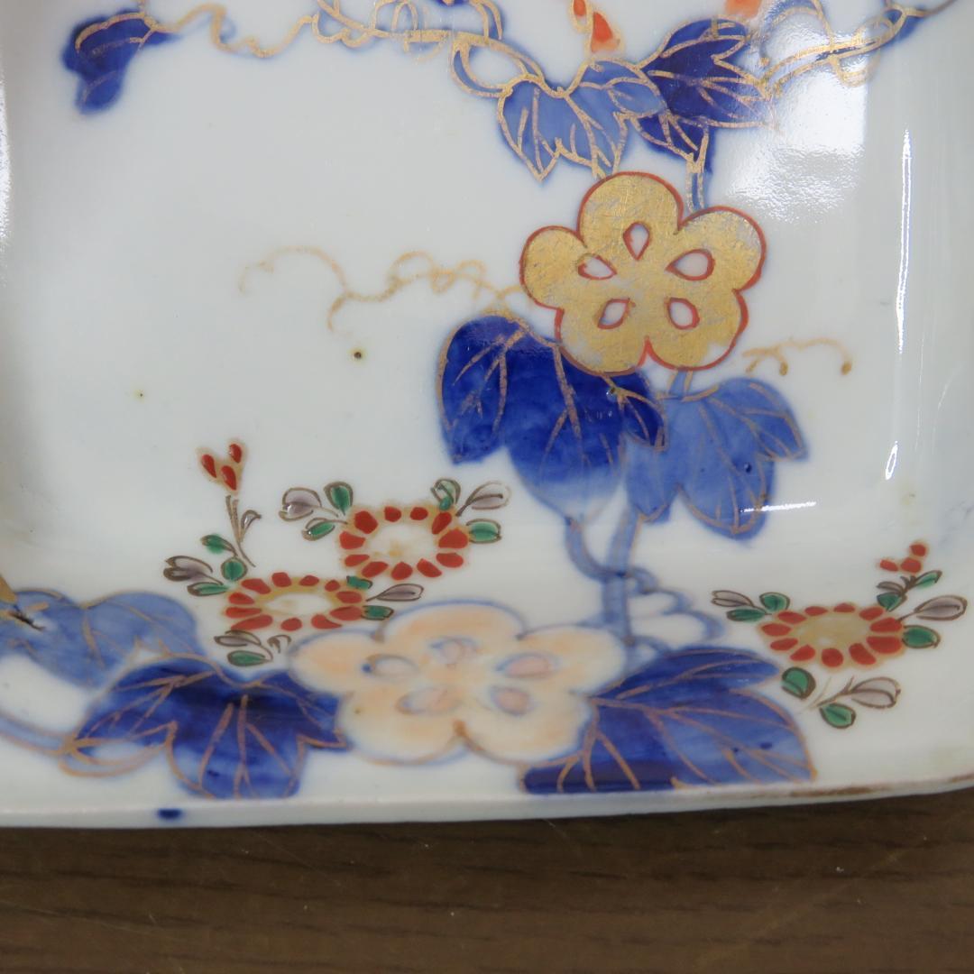 角皿 金彩 色絵付 蝶 へちま 菊 花文様 変形 古伊万里